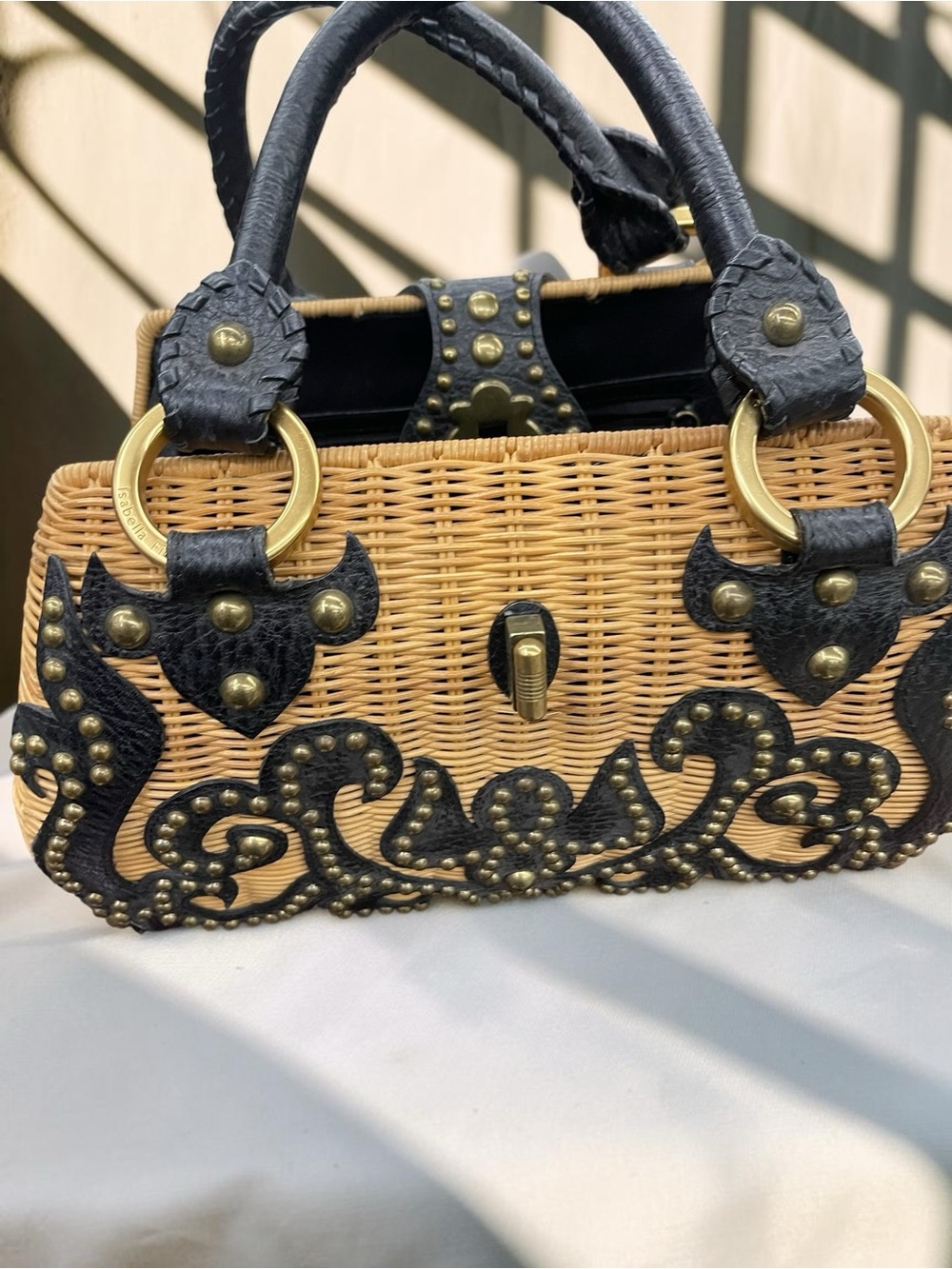 Isabella Fiore Wicker Woven Barrel Satchel Black Studded Leather Bag - Picture 3 of 7